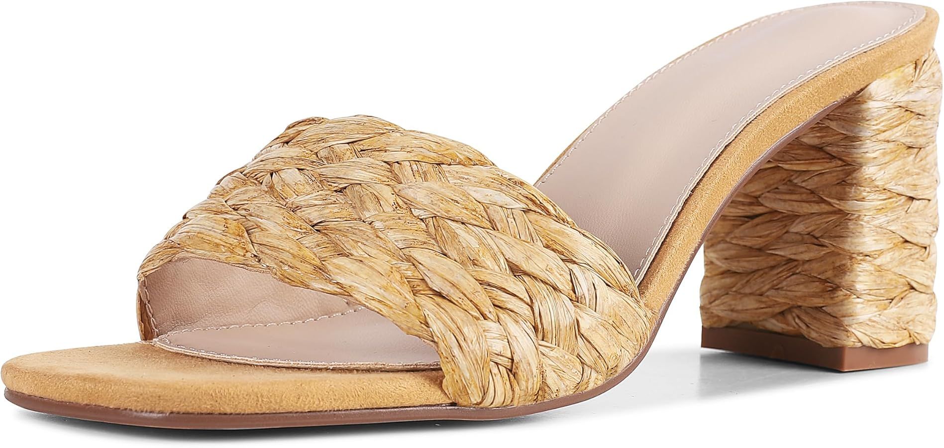 Women's Heeled Sandals Sqaure Open Toe Chunky High Heels Slip-on Slides Sandals Summer Outdoor Be... | Amazon (US)