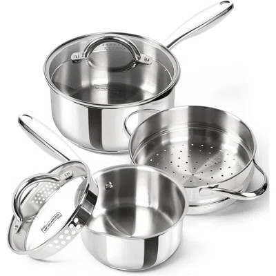Stainless Steel Sauce Pot Set With Steamer 5Pcs 18/10 Saucepan Set With Pour Spout & Strainer Glass Lids Sauce Pan With Triply Bottom Induction Compat | Wayfair North America