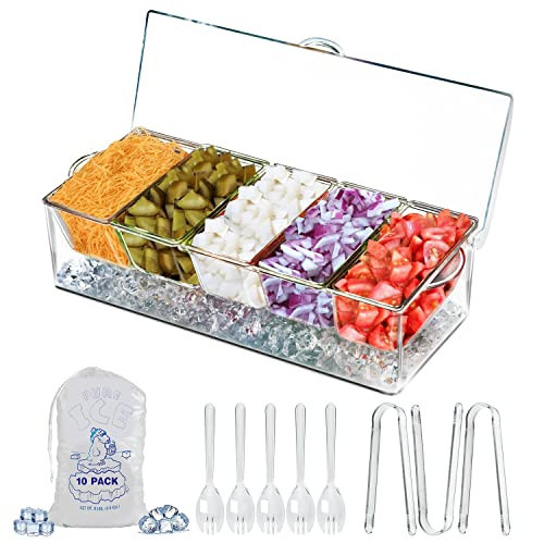 LIMOEASY Chilled Condiment Server, Clear Garnish Tray with Lid for Bar for Parties with 5 Removable Compartments, Ice Serving Bowl, Serving Containers for Fruit, Caddy, Snack, Sauce | Amazon (US)