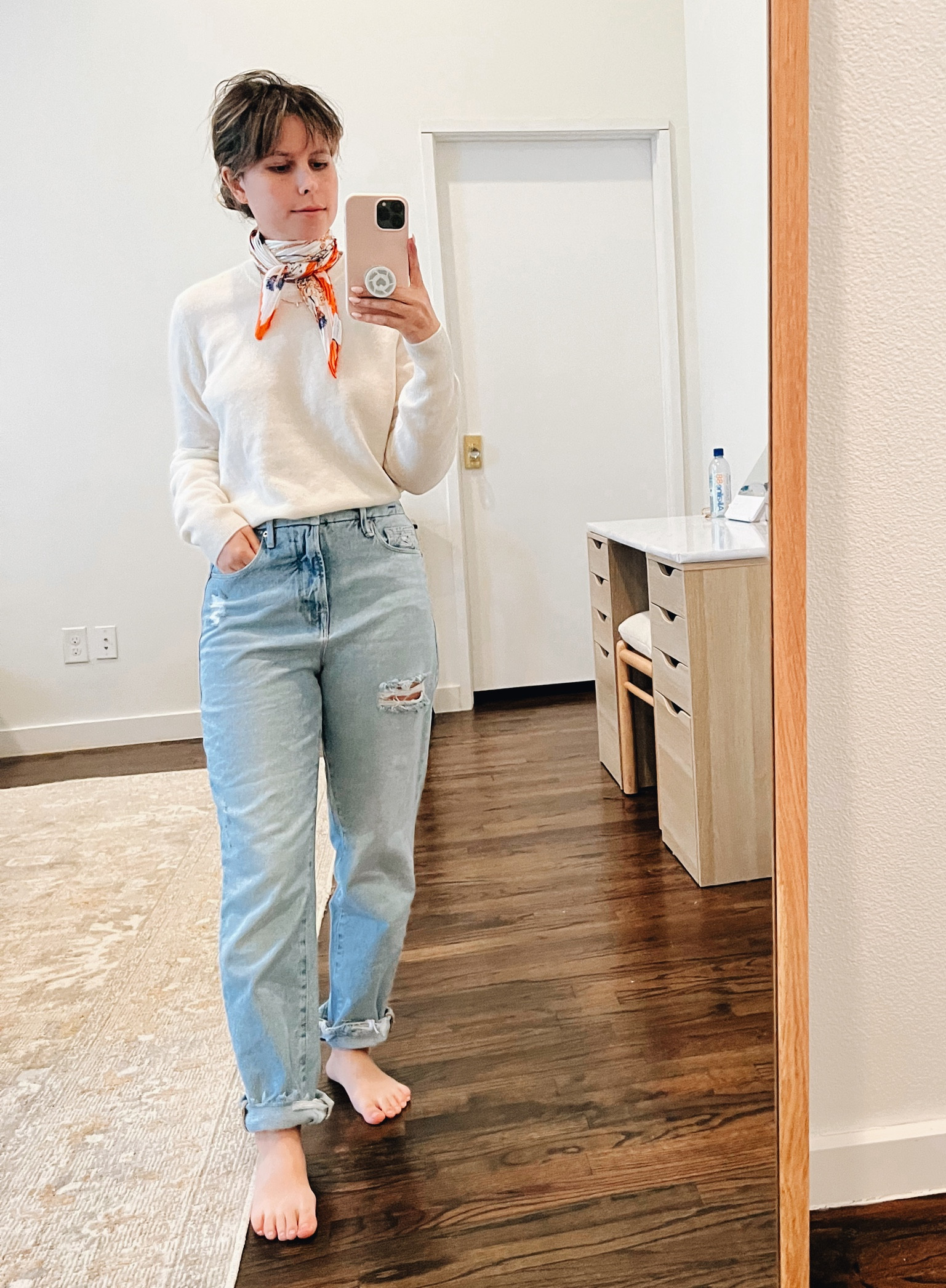 Petite outfit, work from home, fall casual outfit, neutral style, boyfriend jeans, baggy jeans, good American, white cashmere sweater, cashmere under $100, neck scarf

#LTKunder50 #LTKunder100 #LTKstyletip