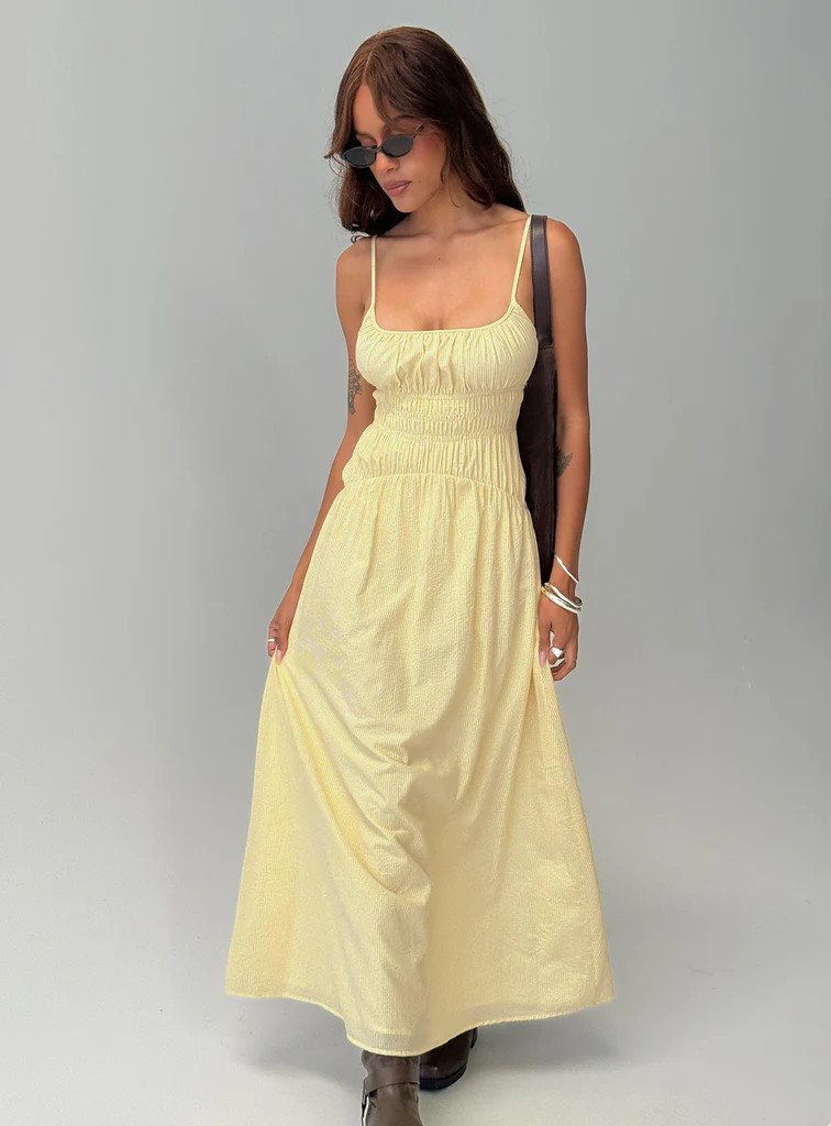 Magnolie Shirred Maxi Dress Yellow Stripe | Princess Polly US