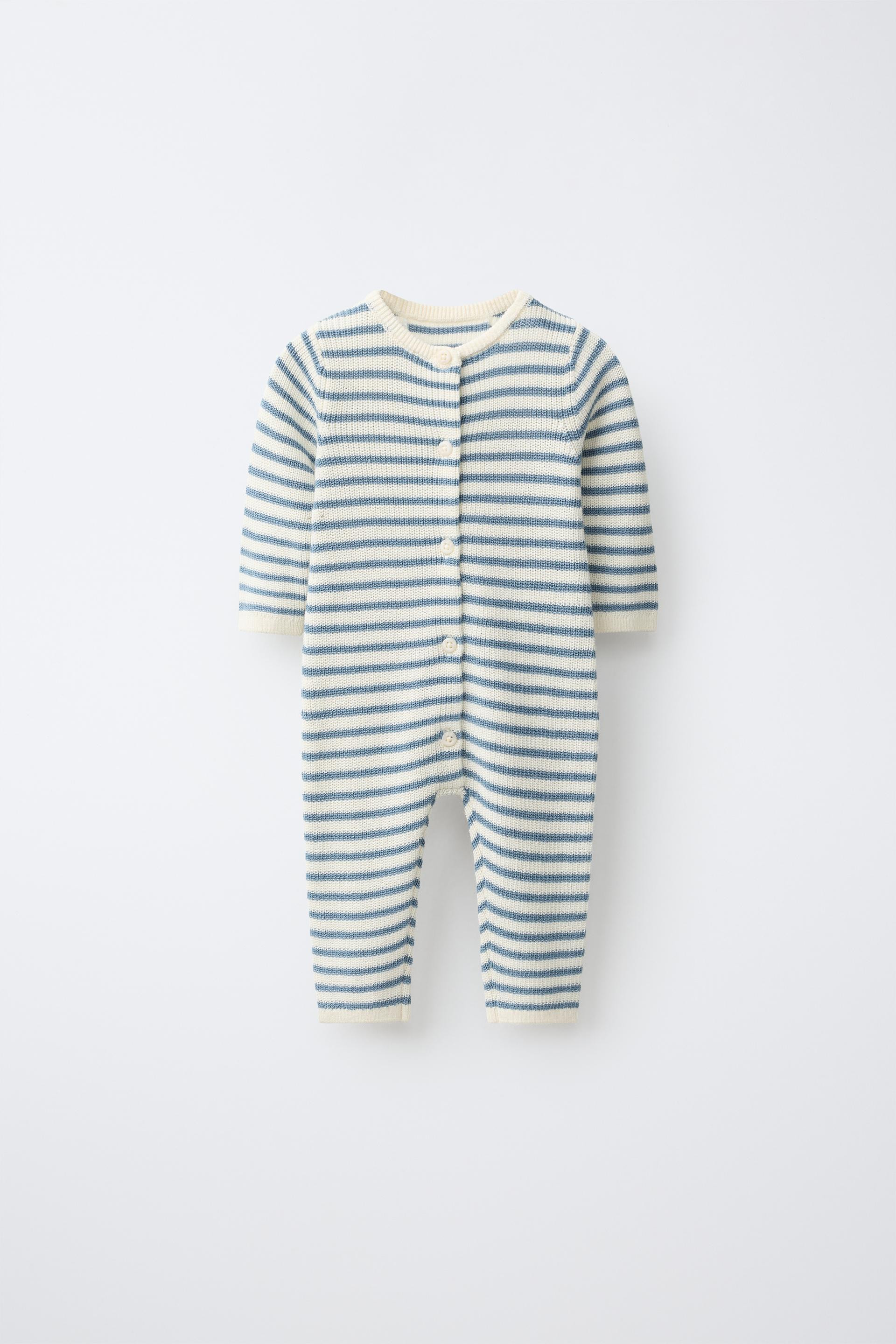 Zara - Striped Knit Jumpsuit - Ecru / Blue - 6-9 Months (29,1 Inches) - Kids | Zara US