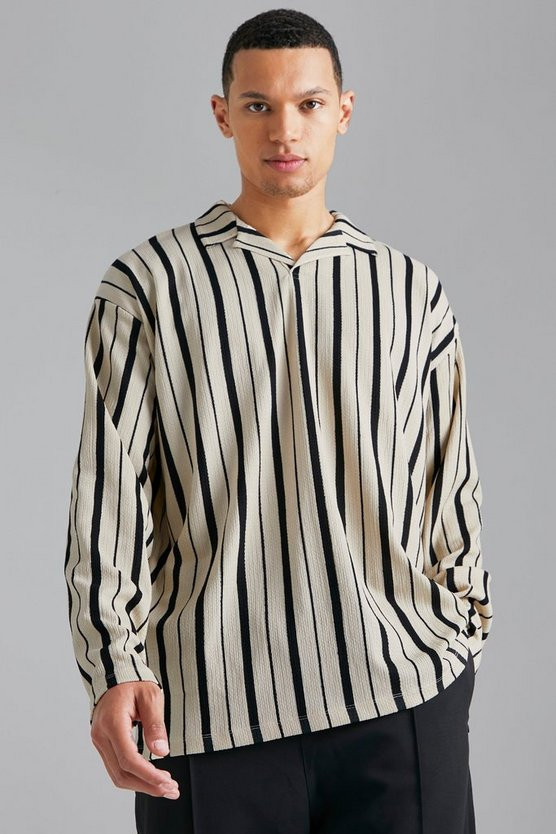 Tall Loose Fit Long Stripe Crinkle Polo | boohooMAN (DE, IE & UK)