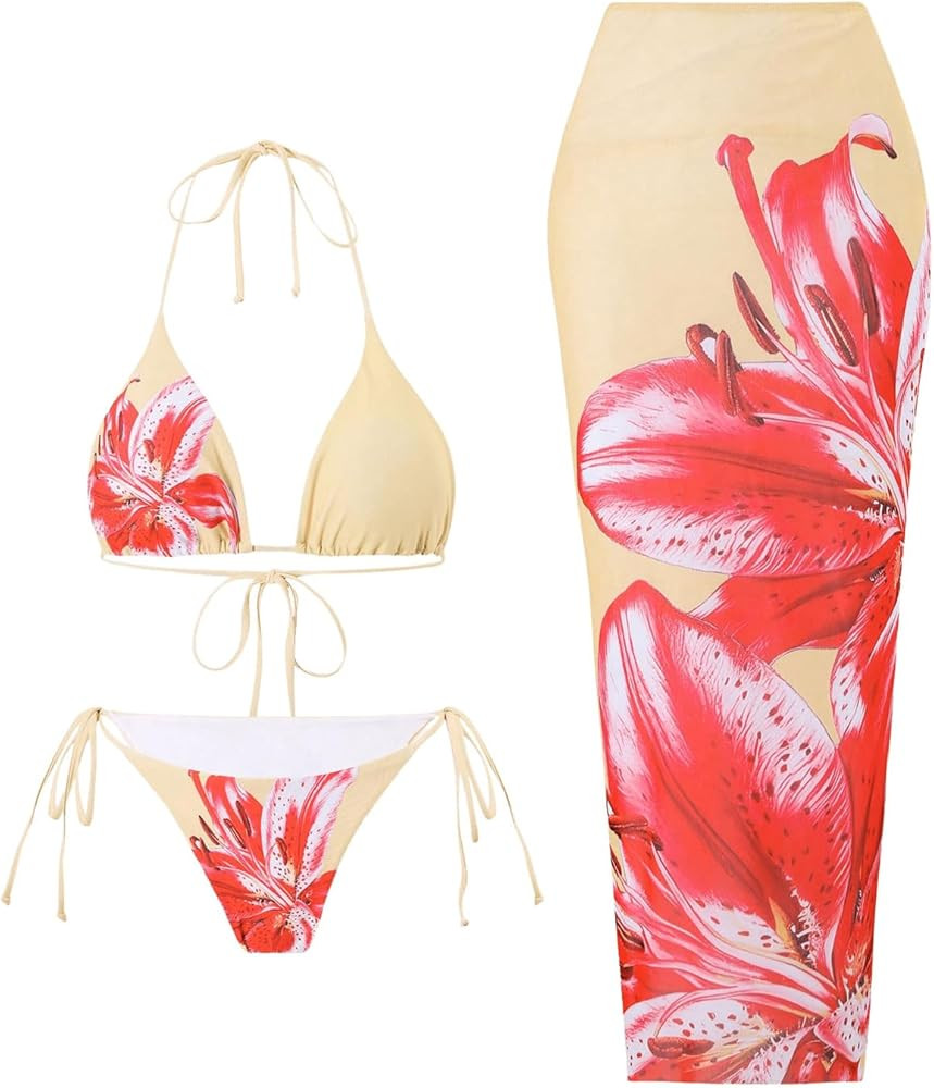 MakeMeChic Women's Halter Triangle Bikini Sets Floral 3 Piece Swimsuit Bathing Suit Cover Up Long... | Amazon (US)