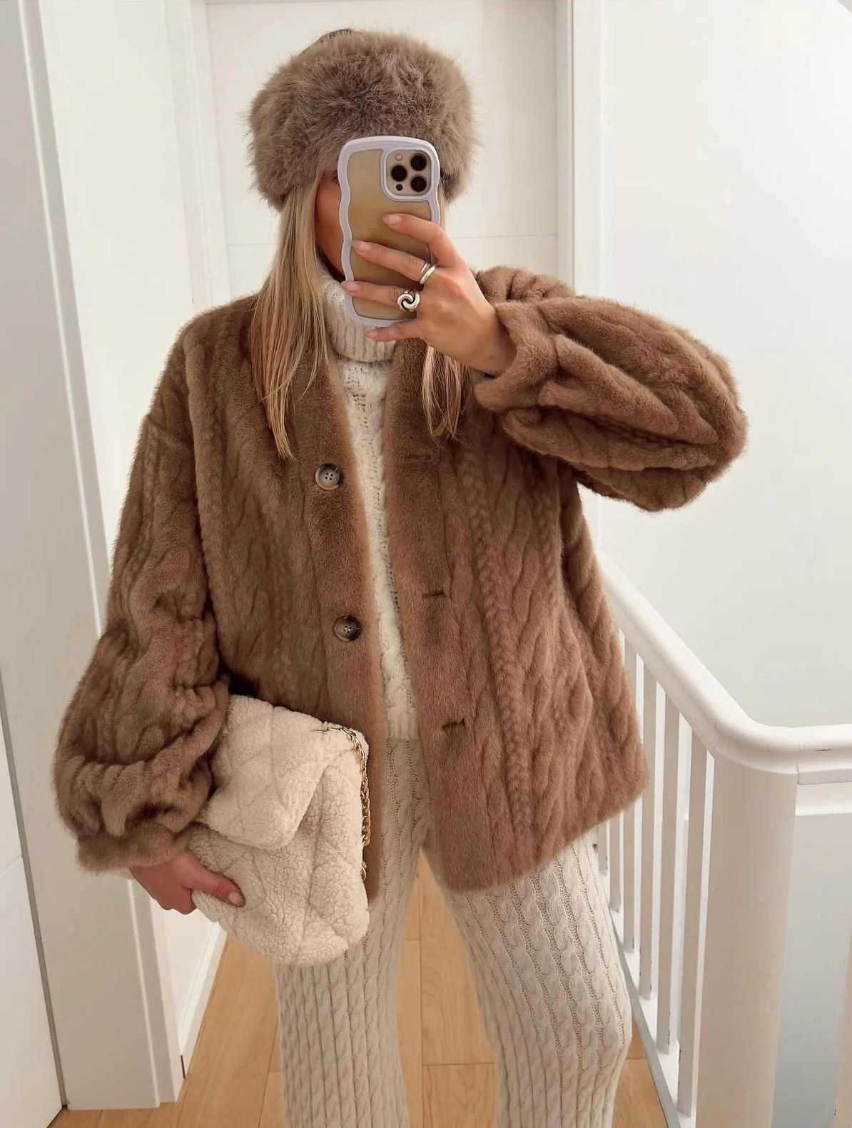 Hollis Braided Texture Long Sleeve Faux Fur Coat - Chocolate Brown | Benaar La