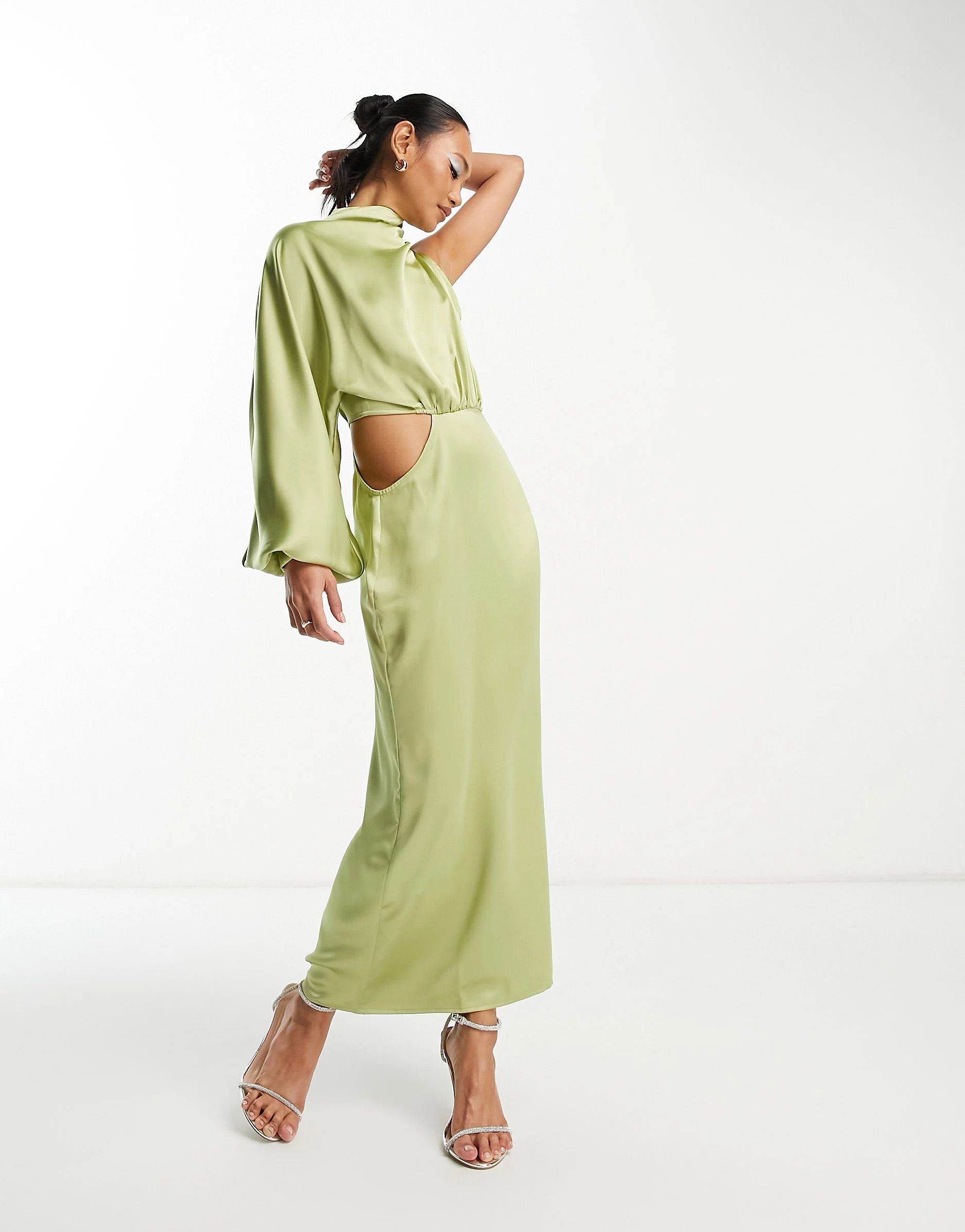 Pretty Lavish one sleeve satin maxi dress in olive | ASOS (Global)