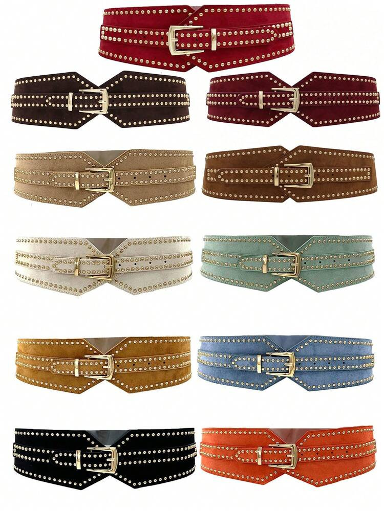 1pc Multicolor Women Wide Elastic Waist Belts Vintage Rivet Studded Stretchy Thick Belts For Women Dress Gold Buckle Boho Western Lady Girl Fashion Belts Girdle For Women Dresses Jumpsuit Jeans Western Wear Belt Burgundy Black Brown Green Red Beige Blue Orange Coffee Brown Wine Red Women's Belts Girdle Underbust Corset Belts Y2k All Season Costume Accessories For Daily Use | SHEIN