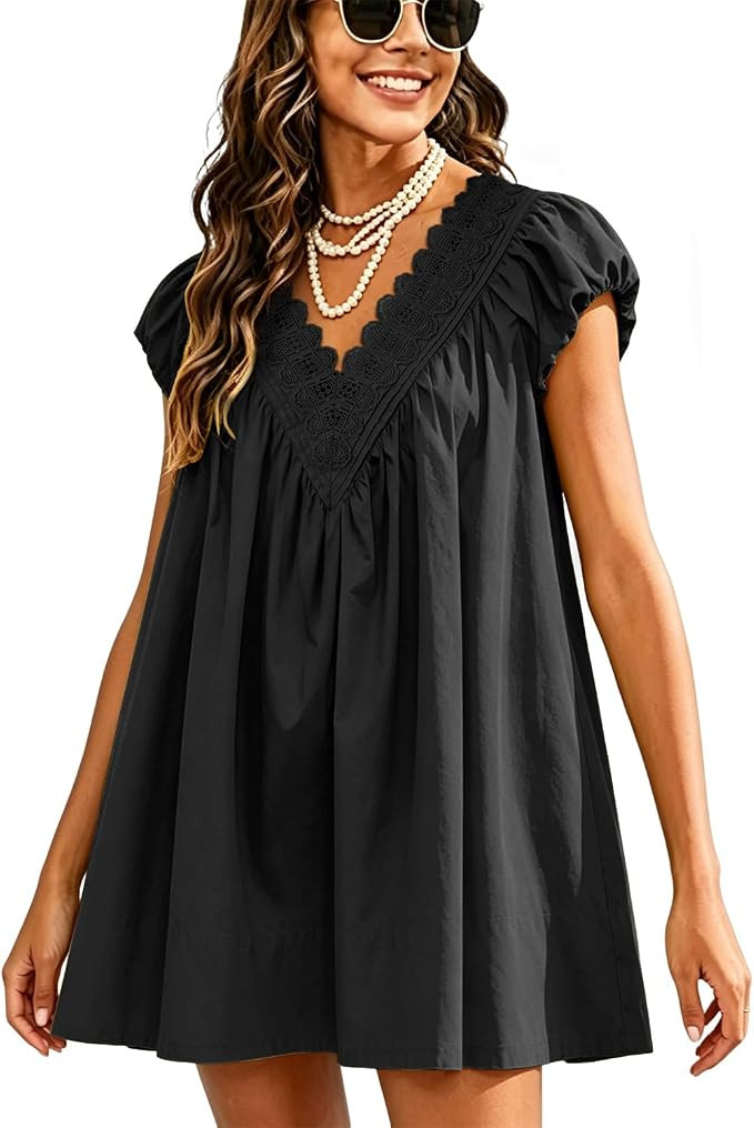 Womens Babydoll Mini Short Dress V Neck Puff Sleeve A Line Boho Scalloped Loose Beach Sundress wi... | Amazon (US)