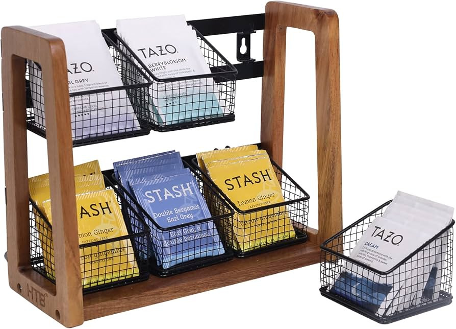 HTB 2 Tier Tea Organizer for Tea Bags, Tea Bag Holder with Acacia Wood Stand and 6 Removable Meta... | Amazon (US)