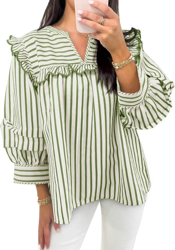 Cicy Bell Womens Striped Babydoll Shirts Ruffle V Neck Long Sleeve Tops | Puff Sleeve Blouses, Lo... | Amazon (US)