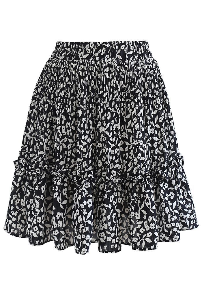 Floret Print Ruffle Detailing Mini Skirt in Black | Chicwish