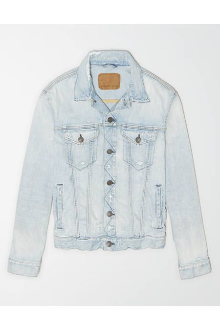 AE Destroyed Light Wash Denim Jacket Men's Light Blue XL Tall | American Eagle Outfitters (US & CA)