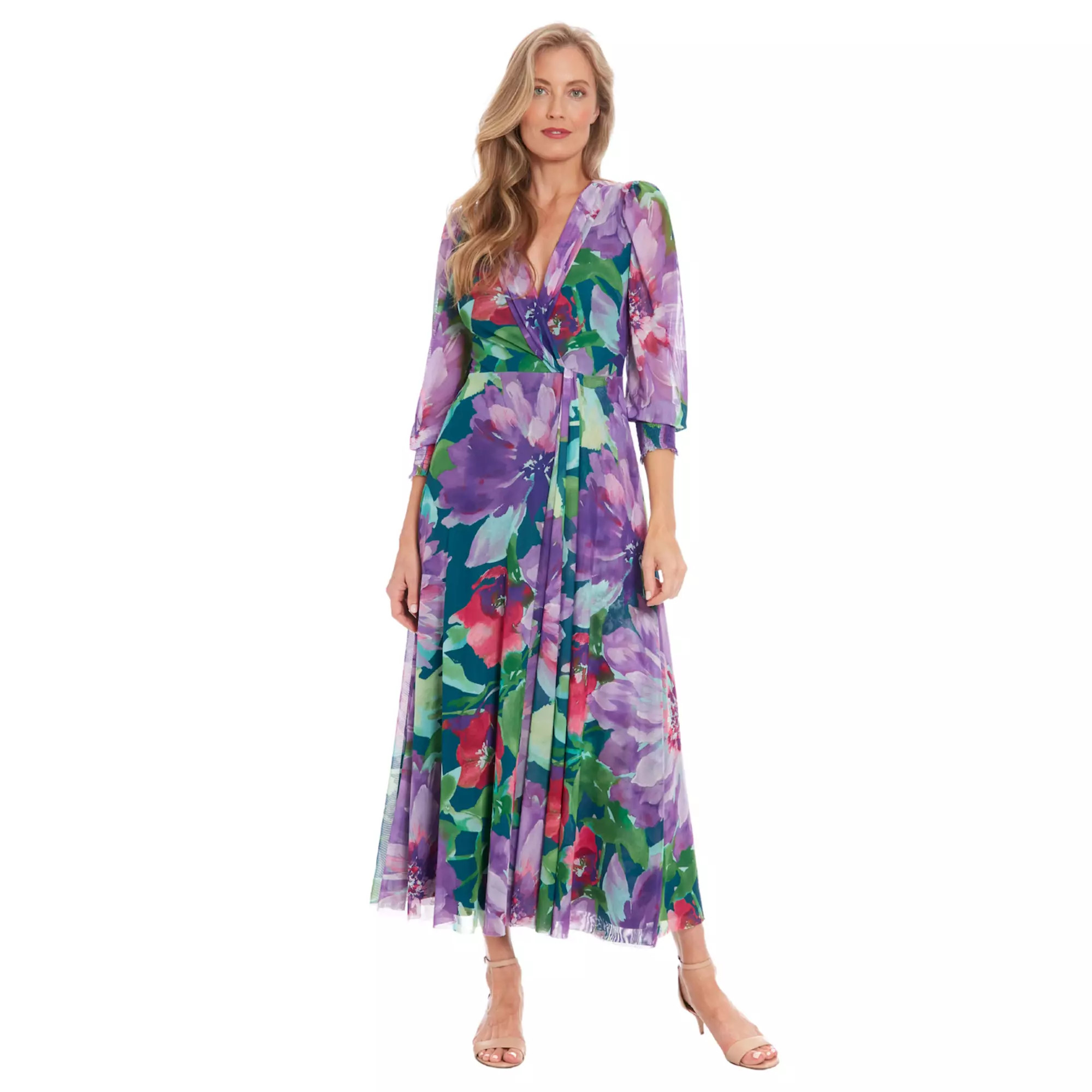 Women's London Times Floral Bishop Sleeve Mesh Surplice Maxi Dress | Kohl's