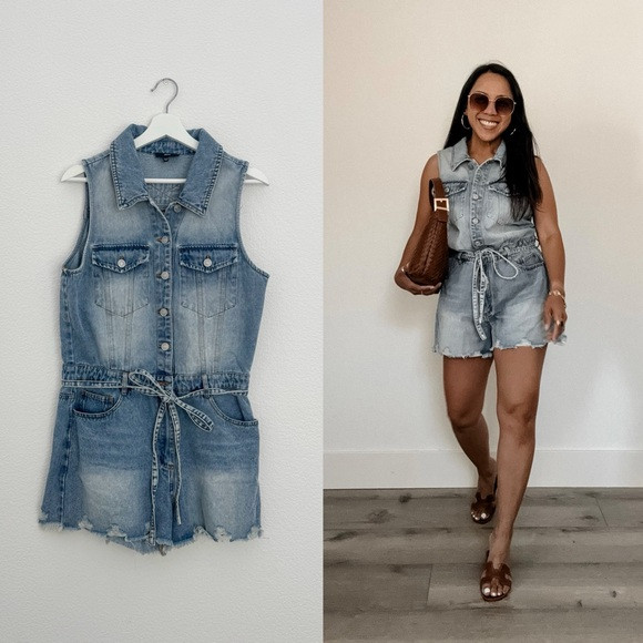 Blue Denim Tie Waist Frayed Hem Romper (S) | Poshmark