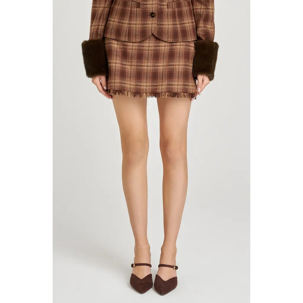 WAYF x Sara Walker Emily Plaid Fray Miniskirt in Brown Plaid at Nordstrom Rack, Size Medium | Nordstrom Rack