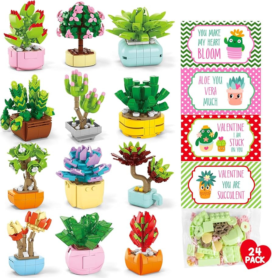 24PCS Flowers Succulents Building Blocks Valentines Day Cards for Kids School Party Favors Classr... | Amazon (US)