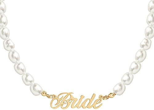 xo, Fetti Bride Pearl Beaded Necklace, 16" Choker, Bride Gold Nameplate | Bachelorette Party Deco... | Amazon (US)