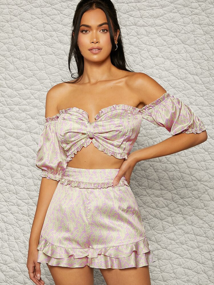 Ditsy Floral Frill Trim Satin Bardot Top And Shorts Set | SHEIN