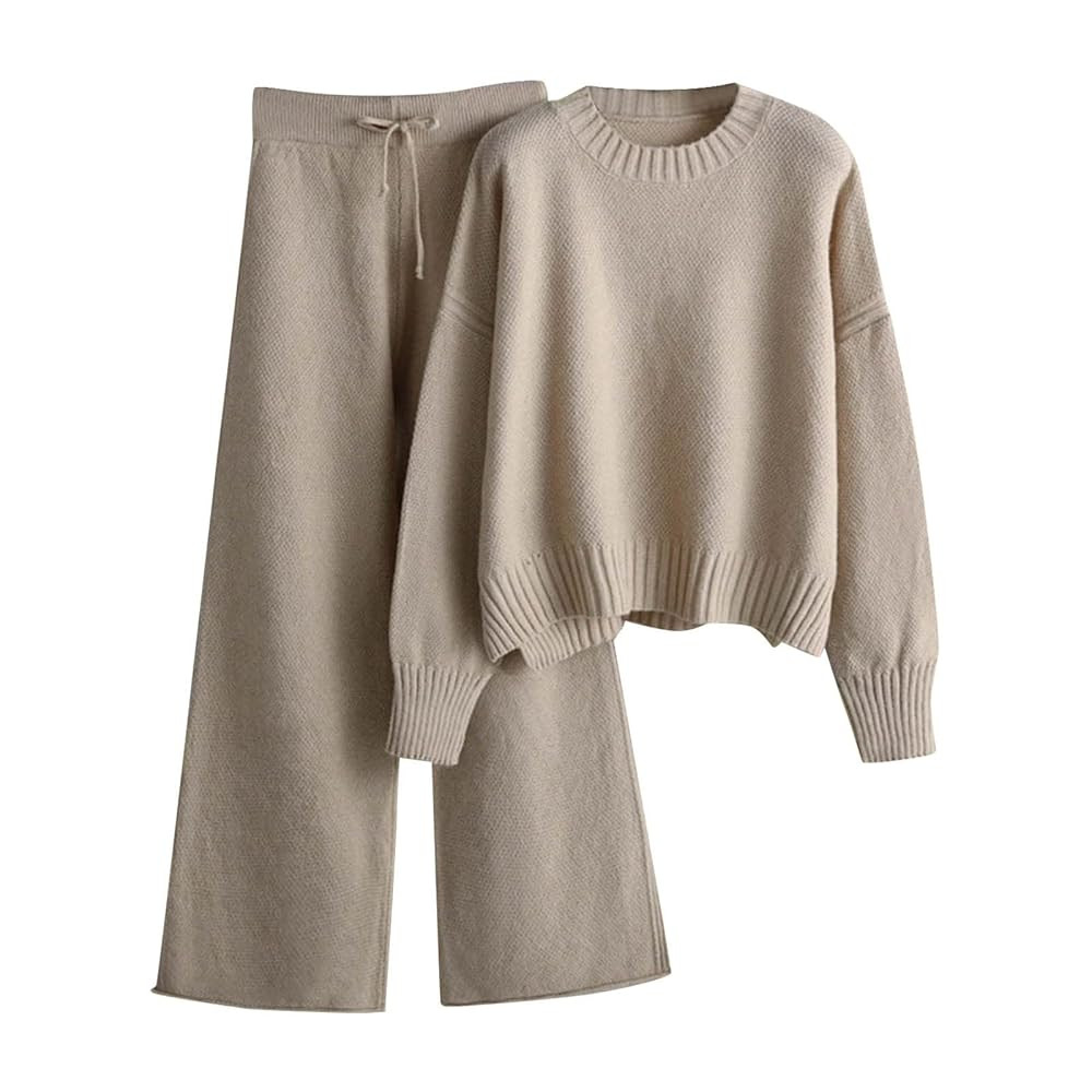 Women Autumn and Winter Fashion Temperament Loose Casual Wide Leg Round Neck Top and Pants Knitte... | Amazon (UK)