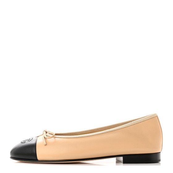 CHANEL Lambskin Cap Toe CC Ballerina Flats 37 Beige Black | FASHIONPHILE (US)