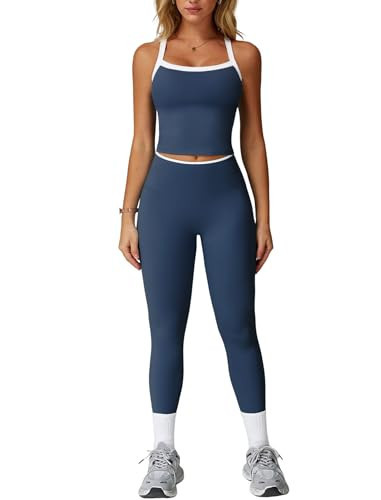 QBGJTD Womens Workout Sets Two Piece Cross Back Tank Top Matching Tummy Control High Waist Leggings Set 2 Piece For Women Gym Yoga Active Wear Outfits Athletic Work Out Clothes Colorblock Dark Blue M | Amazon (US)