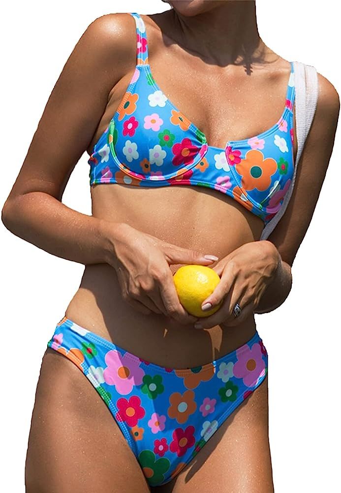 BIKINX Sexy High Cut String Floral Bikini Sets Cute Underwire Swimsuits for Women Push Up 2 Piece Ba | Amazon (US)