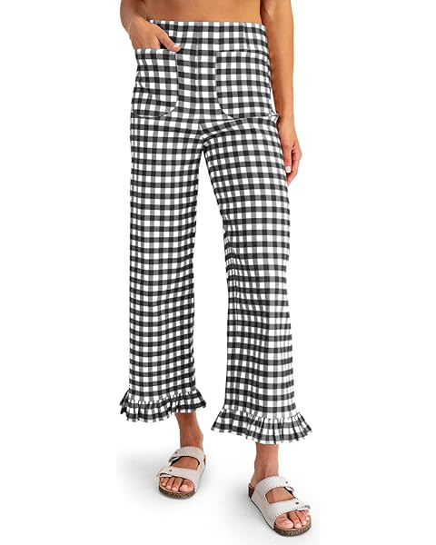 Tankaneo Womens Gingham Pants Summer Casual Ruffle Hem Elastic Waist Lounge Pants Y2k Plaid Trous... | Amazon (US)