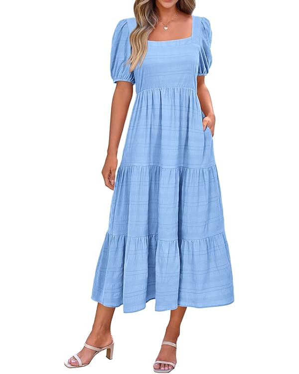 PRETTYGARDEN Women's Summer Dresses 2024 Puff Sleeve Square Neck High Waist Smocked A-Line Flowy ... | Amazon (US)
