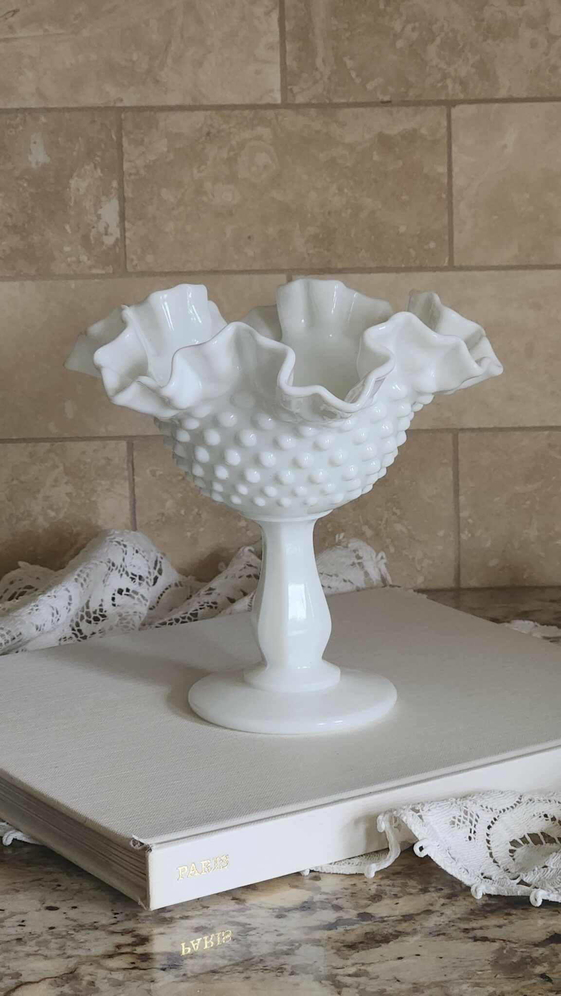 Milk Glass Pedestal Hobnail Dish with Scalloped Edge | Vintage Keepers