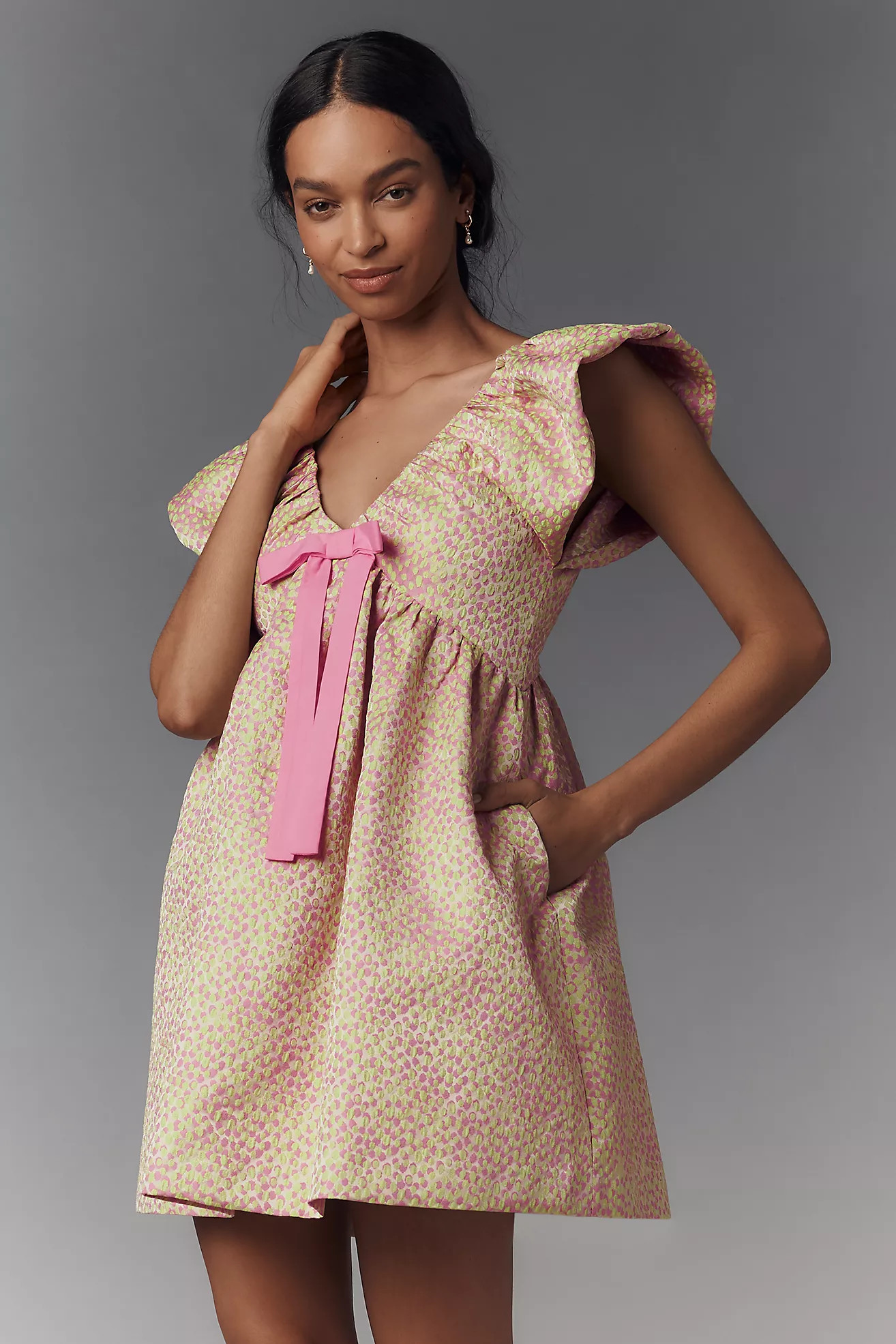 Endless Rose Ruffle-Sleeve V-Neck Babydoll Jacquard Mini Dress | Anthropologie (US)
