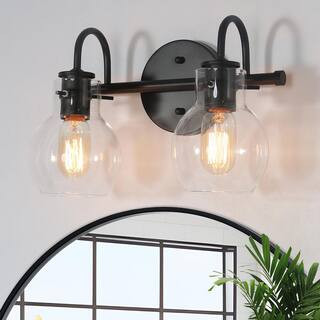LNC 13 in. 2-Light Modern Black Arched Mirror Bathroom Powder Room Vanity Light with Globe Glass ... | The Home Depot