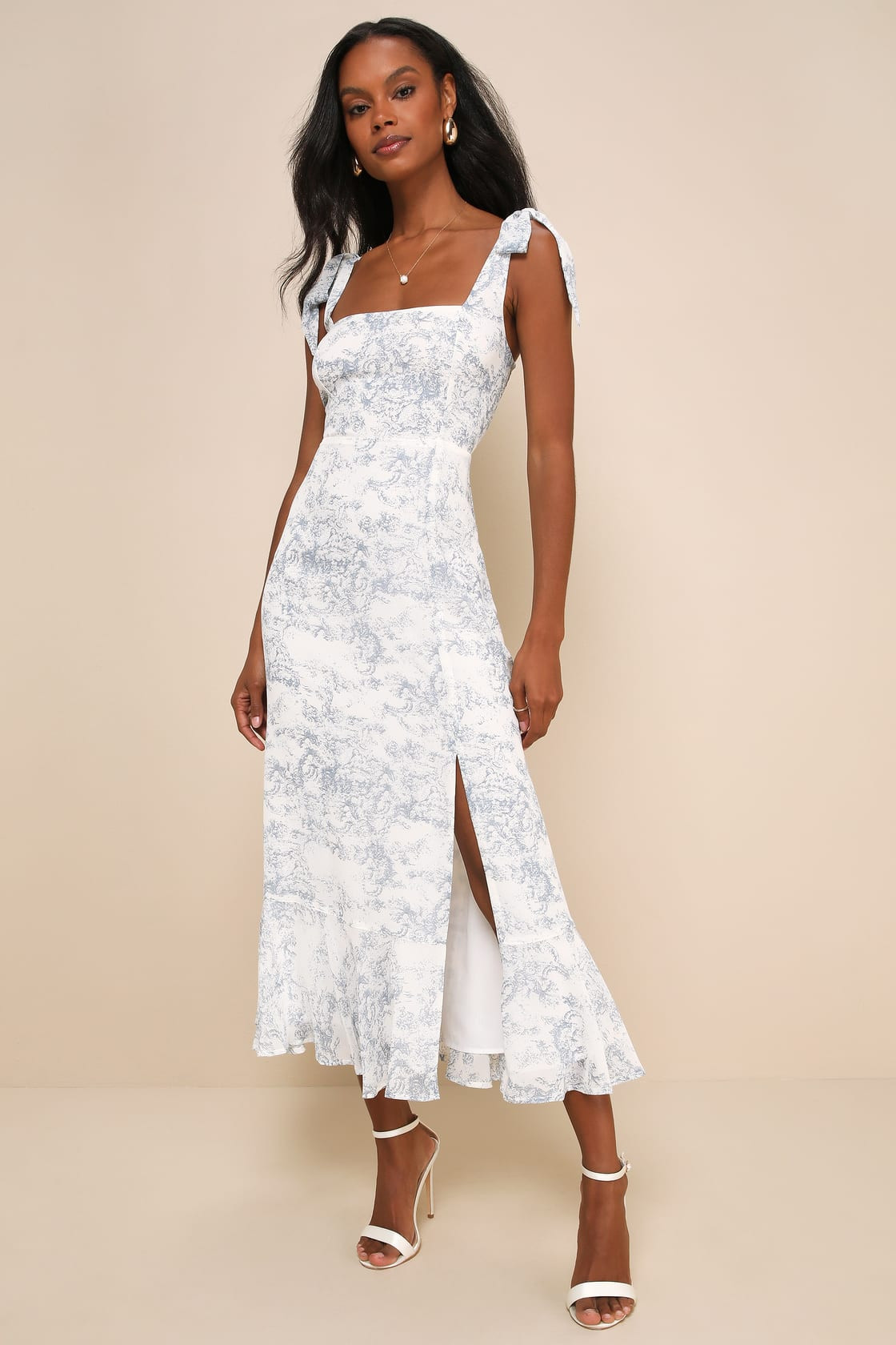 Summer Invite White and Blue Toile Tie-Strap Tiered Midi Dress | Lulus