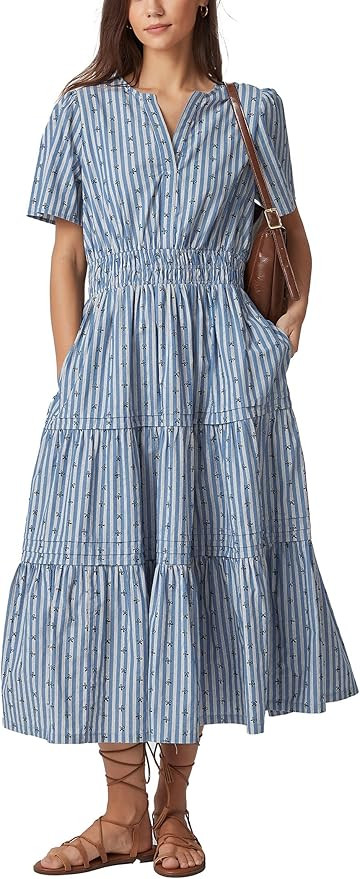D-Sun Women Short Sleeve Maxi Dress Casual Printed V Neck Striped Elastic Waist Flowy Tiered A Li... | Amazon (US)