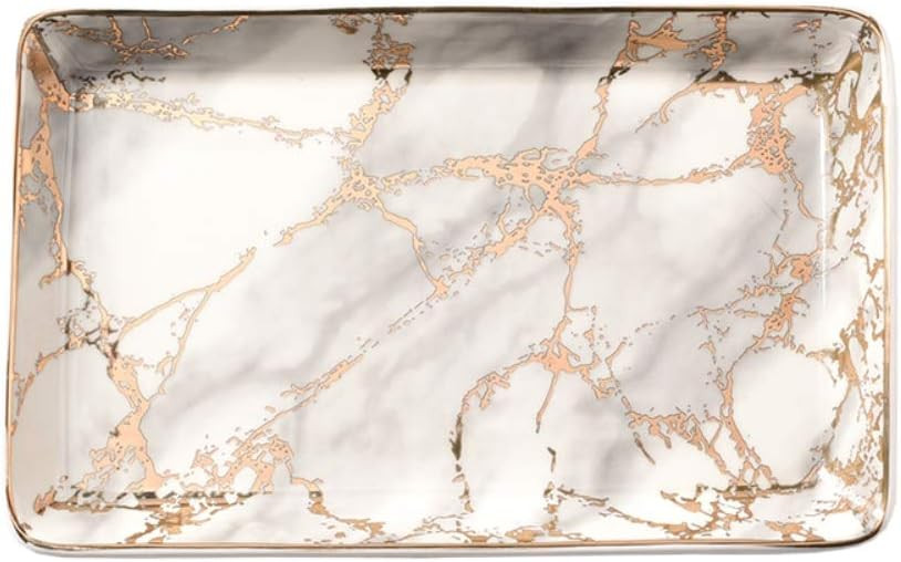 Golden Striped Marble Plate - Ceramic Jewelry Tray, Ring Holder, Bracelets Plate, Dessert Dish - ... | Amazon (US)