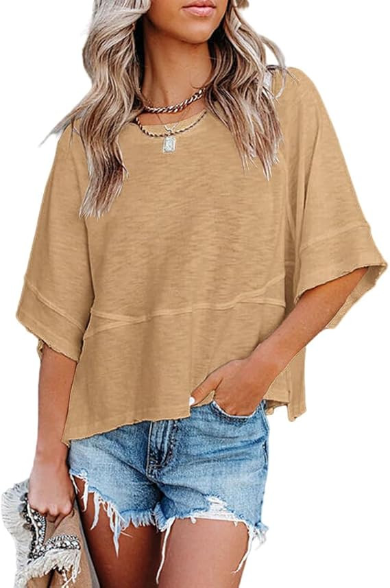 Sovelen Women's Summer Casual Crewneck Batwing Half Sleeve T-Shirts Solid Color Loose Fit Cute Ba... | Amazon (US)