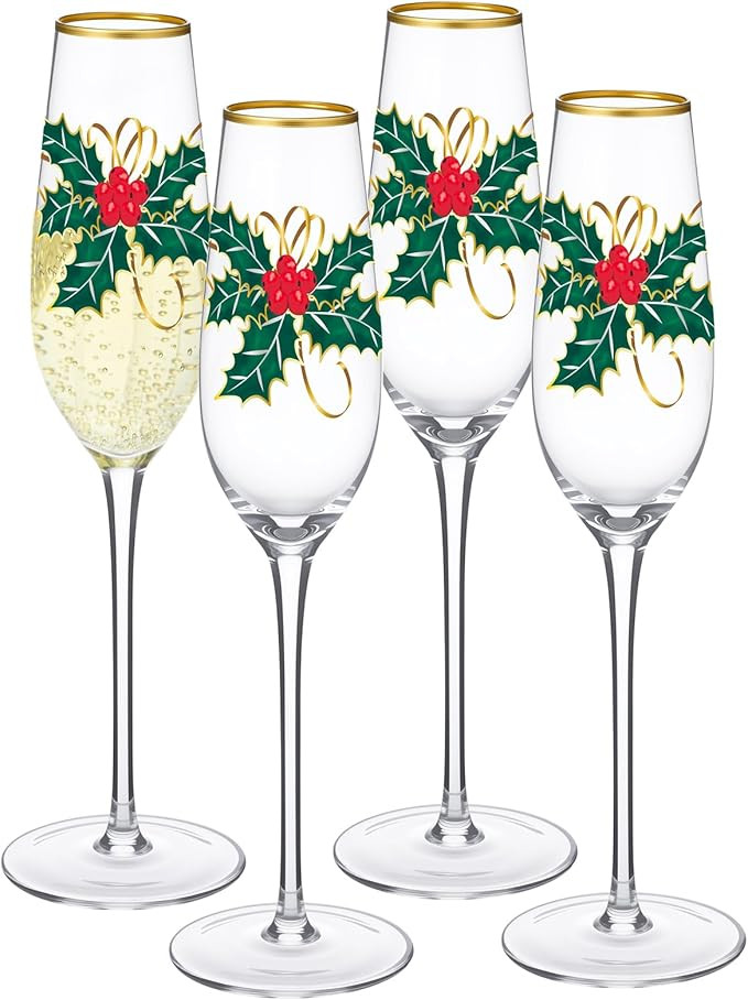 Pickmesh 4 Pcs Christmas Champagne Flutes 7.4oz Gold Rimmed Glasses Sparkling Wine Glasses Holly ... | Amazon (US)