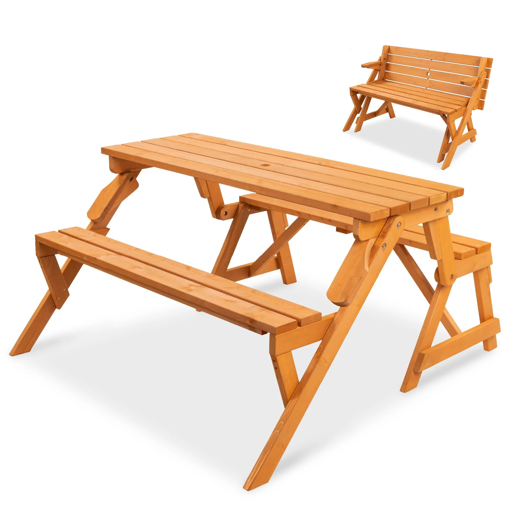 Best Choice Products 2-in-1 Outdoor Interchangeable Wooden Picnic Table/Garden Bench for w/ Umbrella Hole - Natural | Shop Simon