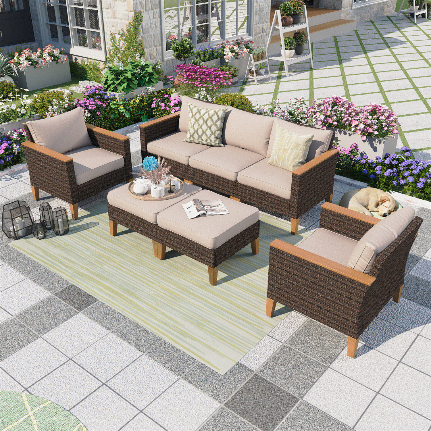 MF Studio 7 Piece Patio Conversation Set  Outdoor Wicker Furniture Set Beige | Walmart (US)