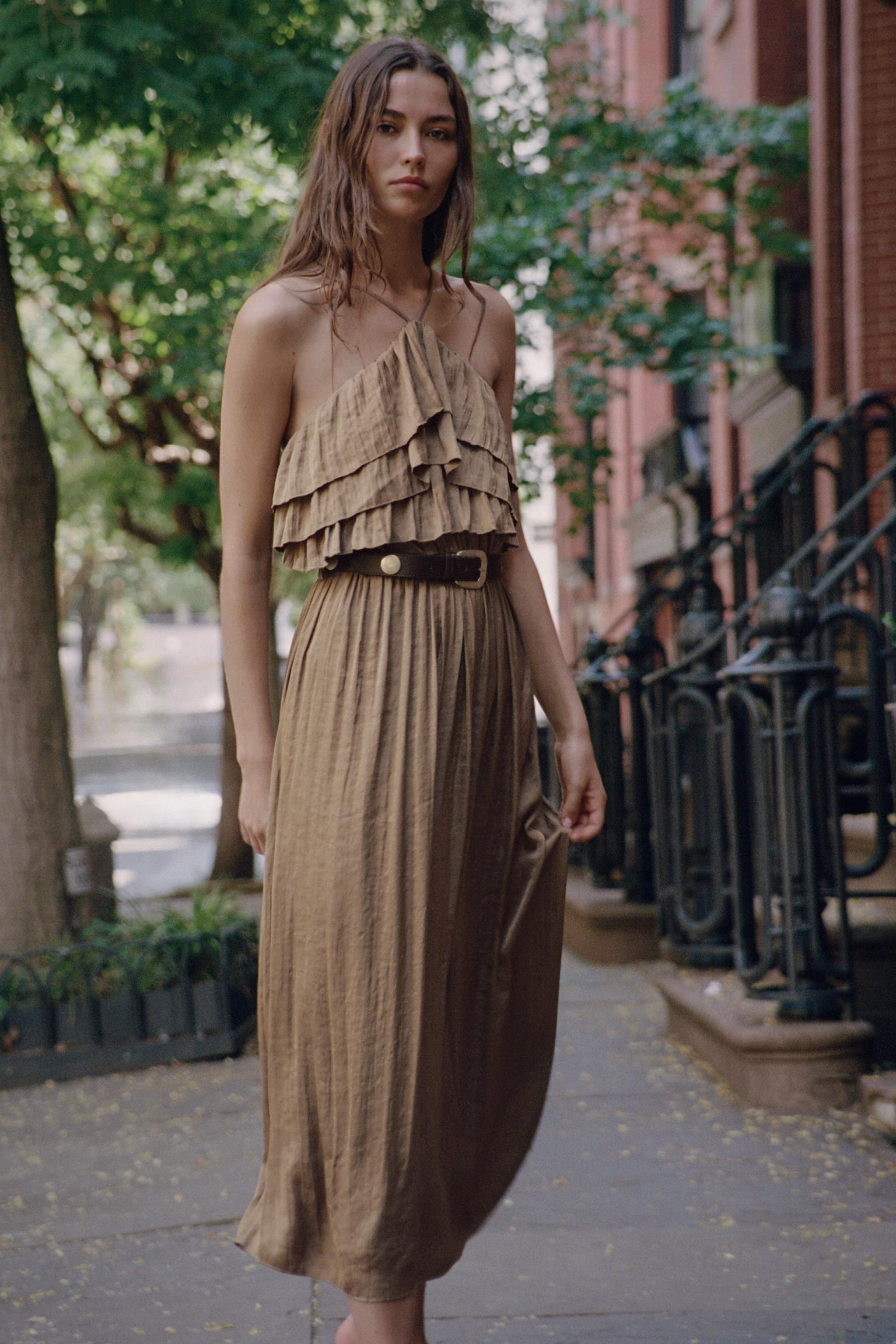 SATIN BELTED HALTER MIDI DRESS | Zara US