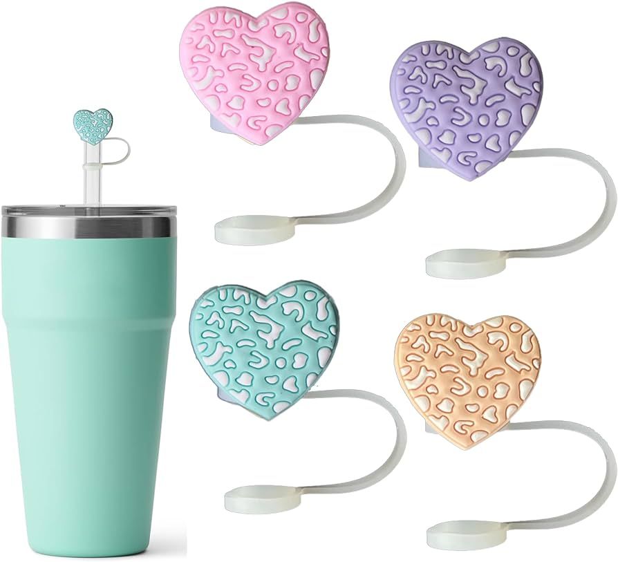 4 PCS Silicone Straw Covers Cap Compatible with Stanley Tumbler, pack of 10mm Cute Heart Straw To... | Amazon (US)