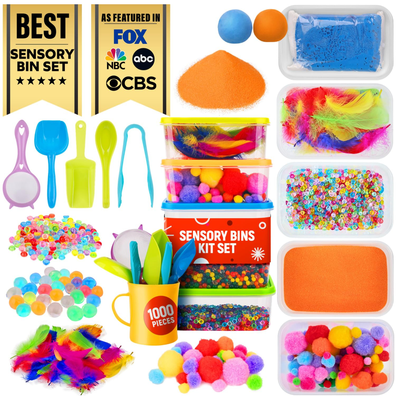 Sensory Kit for Toddlers and Kids - Includes 6 Bins with Lids, Play Tools, Sand, Feathers, Clay, ... | Amazon (US)