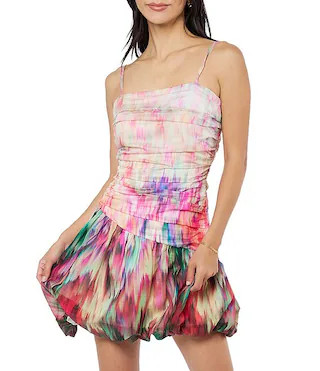 Remi Printed Voile Square Neck Sleeveless Asymmetrical Bubble Hem Mini Dress | Dillard's