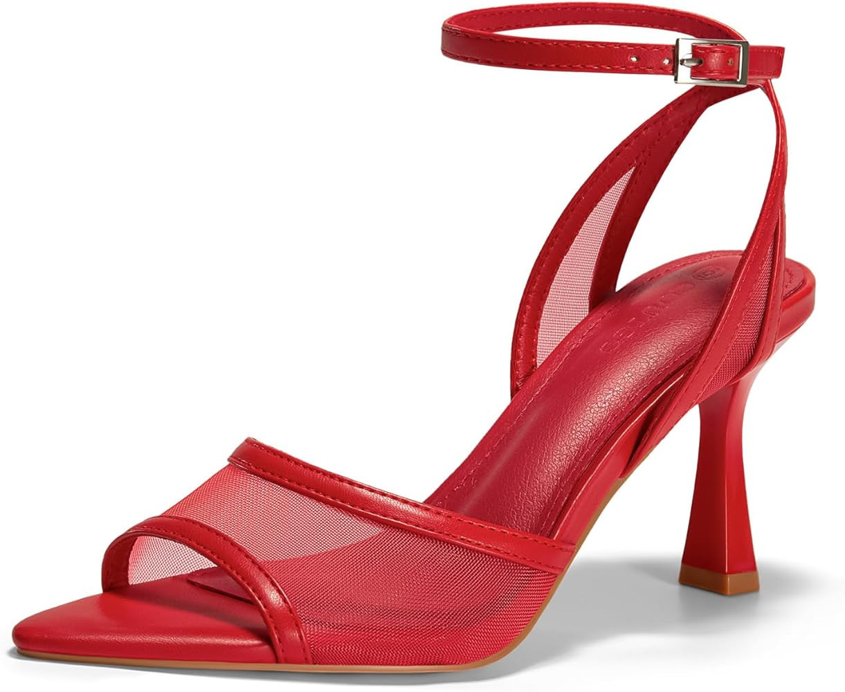 Coutgo Womens Mesh Kitten Heels Sandals Pointed Open Toe Ankle Buckle Strap Summer Dress Shoes | Amazon (US)