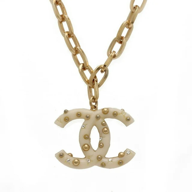 Pre-Owned CHANEL Coco Mark Chain Necklace Pendant GP Plastic Studs Rhinestone Ivory Gold 06A (Goo... | Walmart (US)
