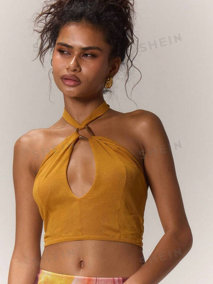 MUSERA Gold Trim Keyhole Knitted Top, Summer Halter Crop Top | SHEIN