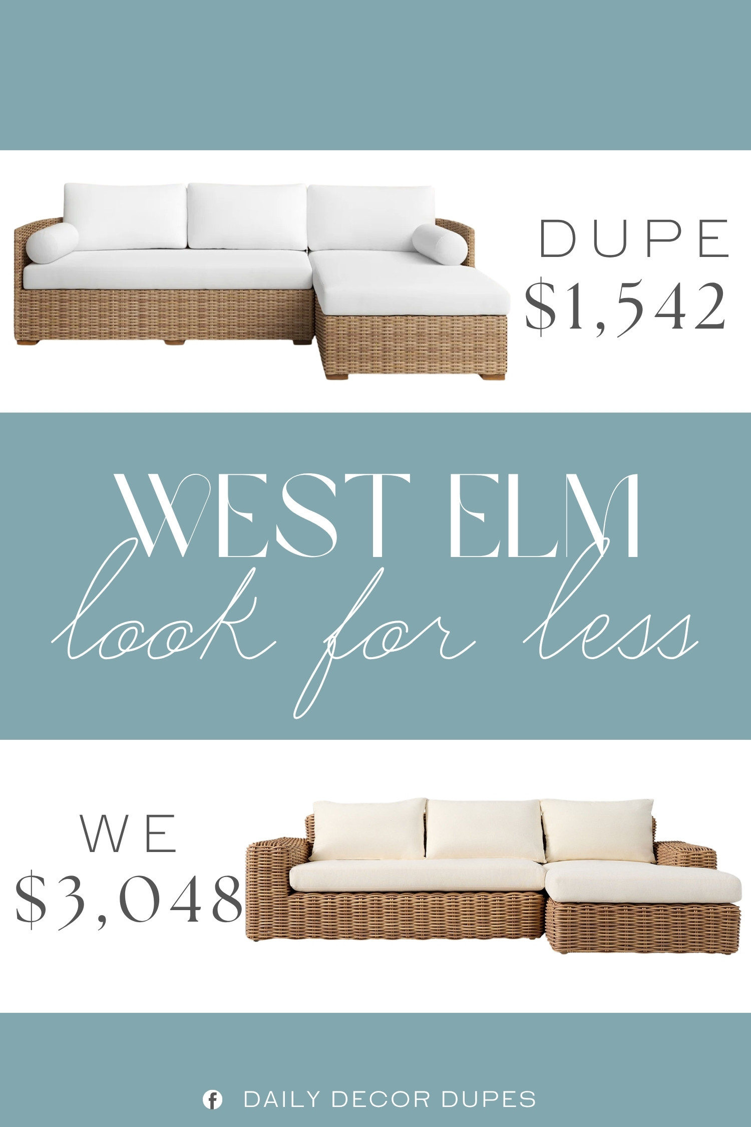 The West Elm Westport Wicker Outdoor 2-Piece Chaise Sectional brings a woven wicker frame, plush white cushions, and a spacious chaise layout together for a relaxed patio setup made for stretching out. The neutral color palette works beautifully with coastal, modern, and outdoor living decor, while the two-piece design gives you flexible seating for everyday lounging or entertaining. At around $1,542, compared with the $3,048 designer version shown, this style offers a more approachable way to create a polished outdoor living space with plenty of comfort and visual appeal. 🌿🛋️☀️

Home more affordable option find similar look for less budget friendly affordable cheap cheaper beautiful pretty. Clearance sale coupon code discount code promo code luxury Inspo inspiration inspired by idea ideas Love like these? I share multiple every day in my FB group.
#WestElmInspired #OutdoorSectional #WickerSectional #ChaiseSectional #PatioFurniture #OutdoorLivingFurniture #CoastalOutdoorDecor #OutdoorLivingRoom 

 #LTKHome