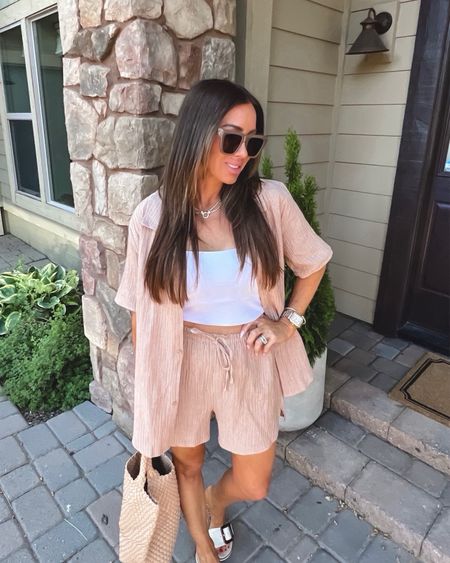 Neutral target two piece set…lightweight and perfect for summer! Sz small in shorts and medium in button down 
Wear as a coverup or set 
White tank sz small
Sandals tts
Amazon tote bag and sunnies 
Target style liveloveblank Kim blank
#LTKfindsunder50

#LTKOver40 #LTKTravel #LTKSeasonal