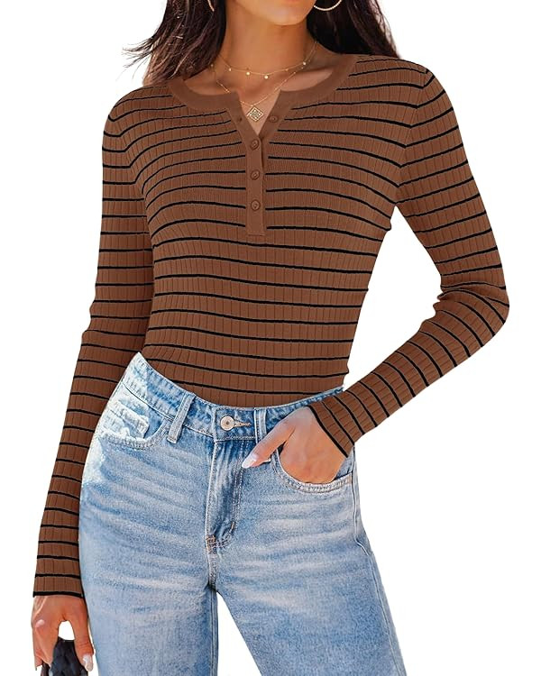 ZESICA Womens Long Sleeve Striped Shirts V Neck Button Up Sweater Casual Loose Basic Tops 2024 Tr... | Amazon (US)