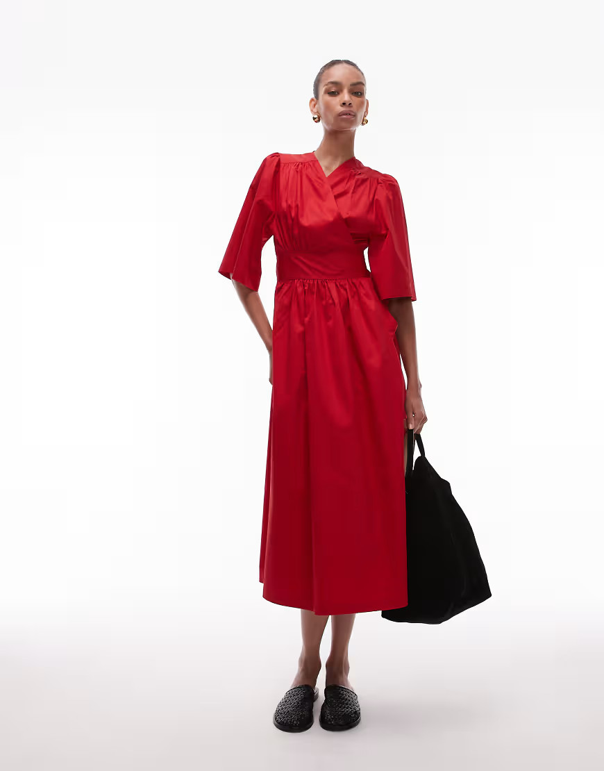 & Other Stories poplin midaxi dress with wrap front and puff sleeves in red | ASOS (Global)
