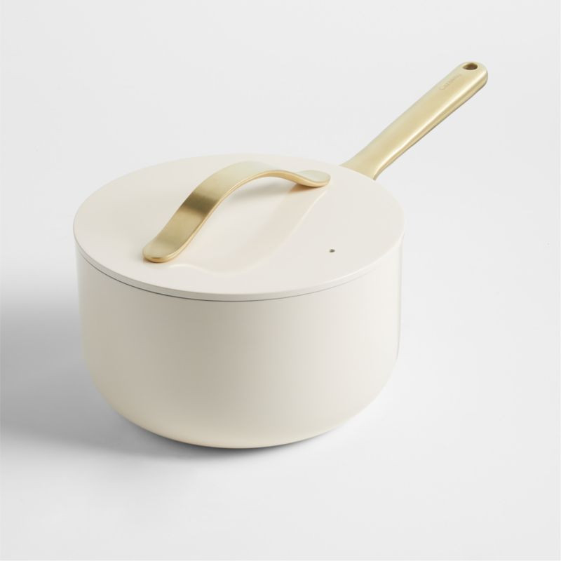Caraway Cream Non-Stick Ceramic Saucepan with Gold Hardware + Reviews | Crate & Barrel | Crate & Barrel